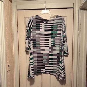 Alfani Geometric Striped Long Sleeve Top - Black, Gray, Green